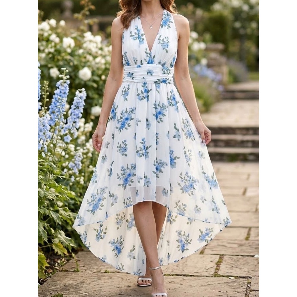 Disney Princess White/Blue Floral Chiffon High-Low Halter Dress L Fairy Cottage